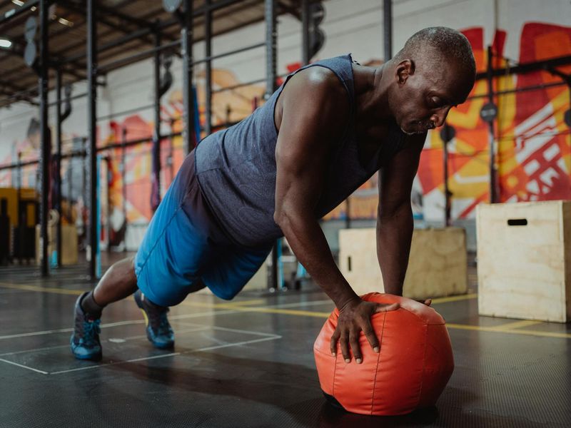 Man performing steady core strengthening exercises in a gym.